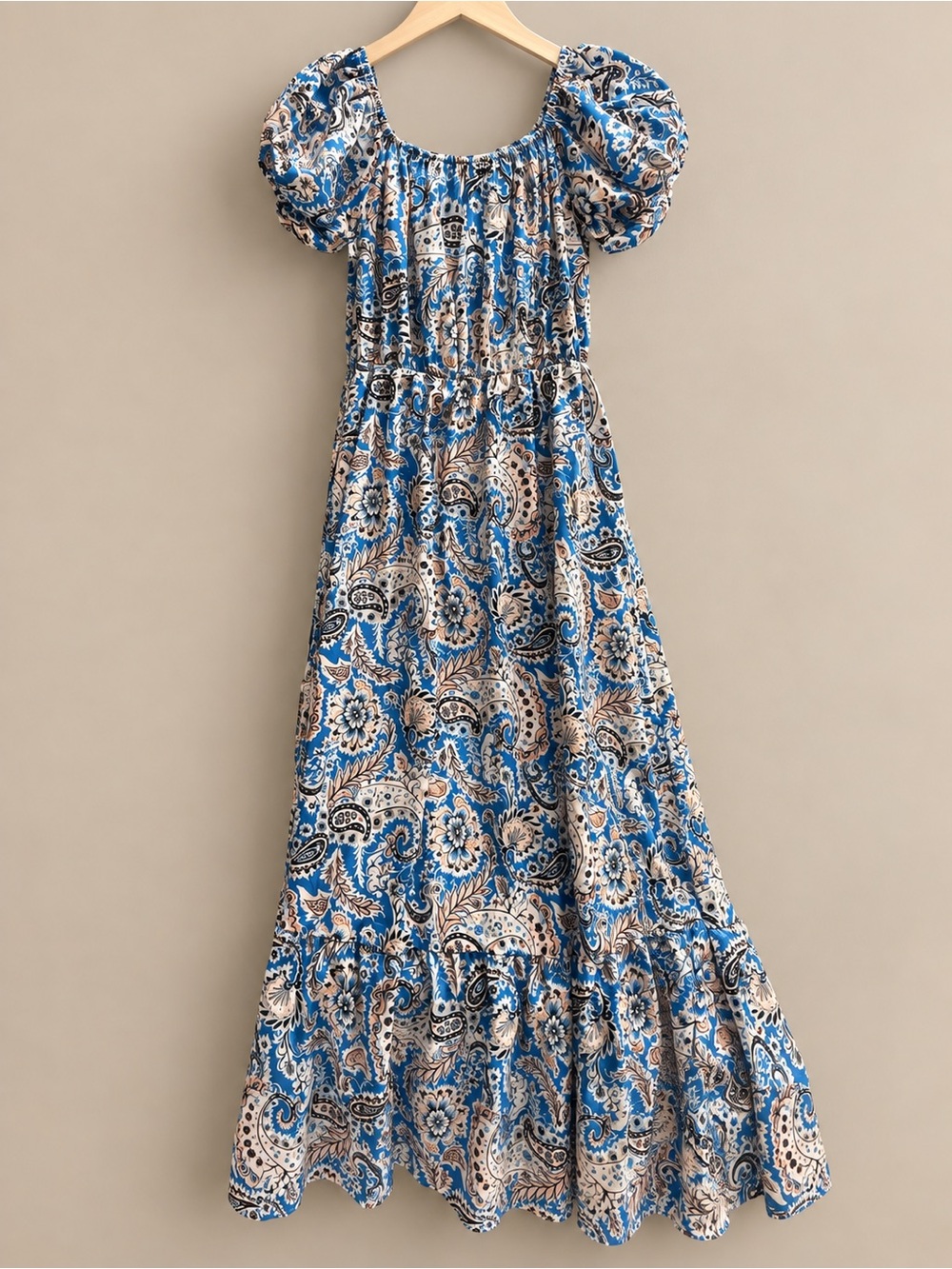Blue Paisley Puff-Sleeve Maxi Dress with Elastic Waistband